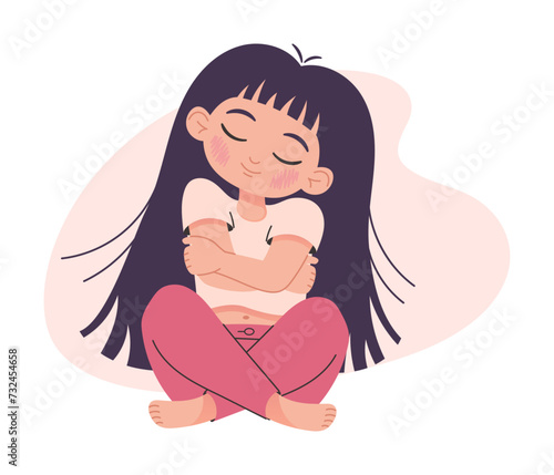 Sitting girl hugging herself, with eyes closed, mentally calm, illustration isolated on white