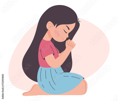 Girl kneeling praying, illustration isolated on white