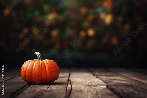 Vibrant orange pumpkin sitting atop a rustic wooden table, AI-generated.
