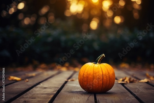Vibrant orange pumpkin sitting atop a rustic wooden table, AI-generated.