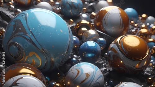 Abstract and shimmering compositions with a fluid fusion of metallic colors and reflective spheres