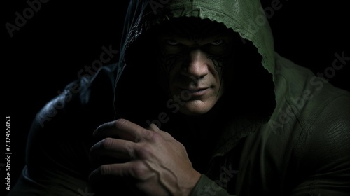 a man in a hoodie holding his hands together against the darkness photo