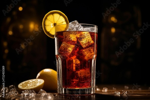 AI generated illustration of a refreshing glass of soda with a lemon slice and ice cubes