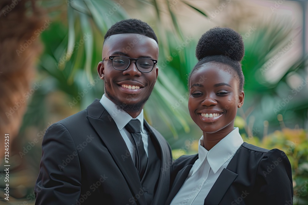 Professional portrait of male and female business duo standing together epitomizing essence of teamwork and collaboration in corporate world confident stance and smiles reflect successful partnership Professional portrait of male and female business duo standing together epitomizing essence of teamwork and collaboration in corporate world confident stance and smiles reflect successful partnership
