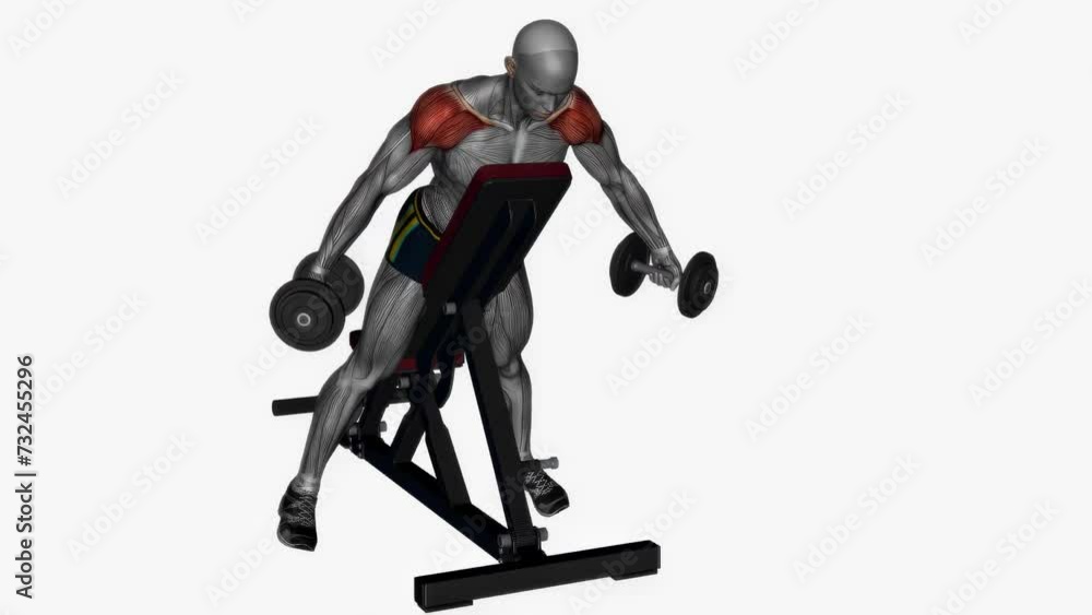 3D-rendered animation of a sportsman doing spider curl dumbbell isolated on a white background