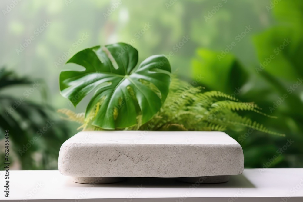 AI generated illustration of a marble table against green plants AI generated illustration of a marble table against green plants