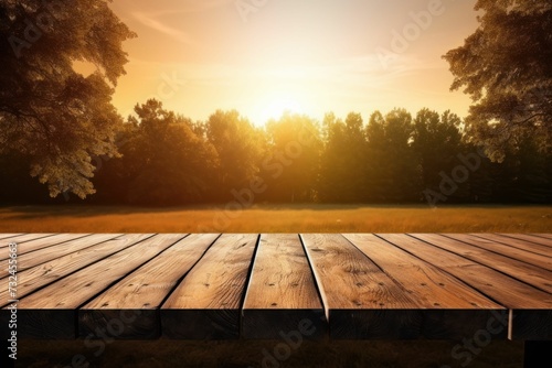 AI generated illustration of a wooden table on a green hill at golden hour