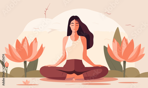 Woman sitting with a flower illustration in the background, good mental selfcare health lifestyle