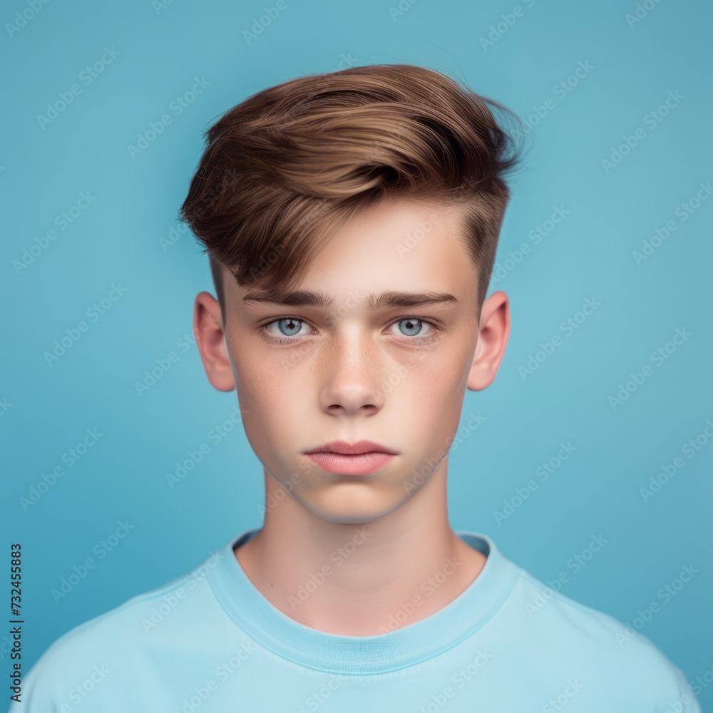 Portrait of a serious teenage boy with brown hair on a blue background. Closeup face of an unhappy Caucasian young adult looking at the camera. Front view of an unsmiling white kid in a blue shirt.