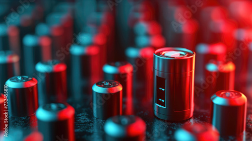 close-up, metal batteries, blue and red background with bokeh