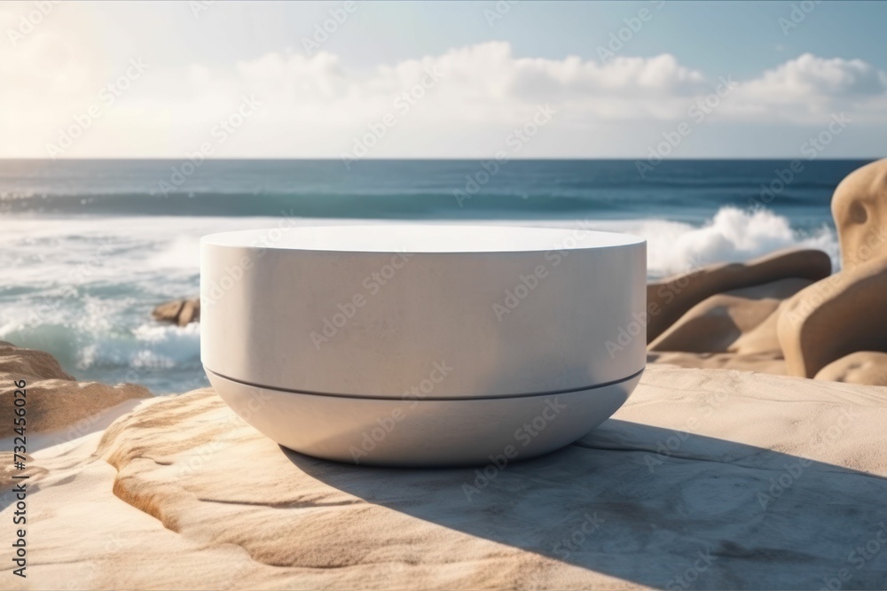 AI generated illustration of a circular marble table on the beach against the sea AI generated illustration of a circular marble table on the beach against the sea
