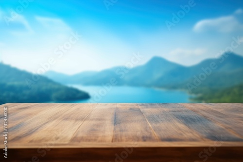 AI generated illustration of a wooden dock on a shoreline against green mountains