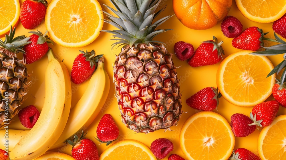 Pineapple, strawberry, banana, grape, orange, natural appetite, mixed, fill the entire image pattern isolated on light yellow background. Pineapple, strawberry, banana, grape, orange, natural appetite, mixed, fill the entire image pattern isolated on light yellow background.