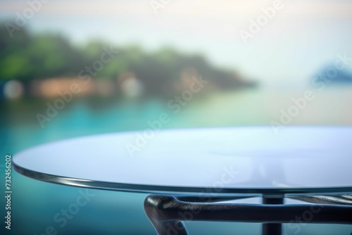 Empty glass table situated near a body of water, AI-generated.