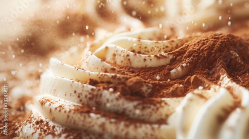 close-up, sweet dessert, buttercream sprinkled with cocoa, grated chocolate, tiramisu
