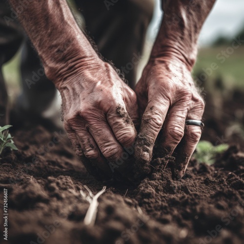 AI generated illustration of a man planting a seed with a handful of soil in his hands