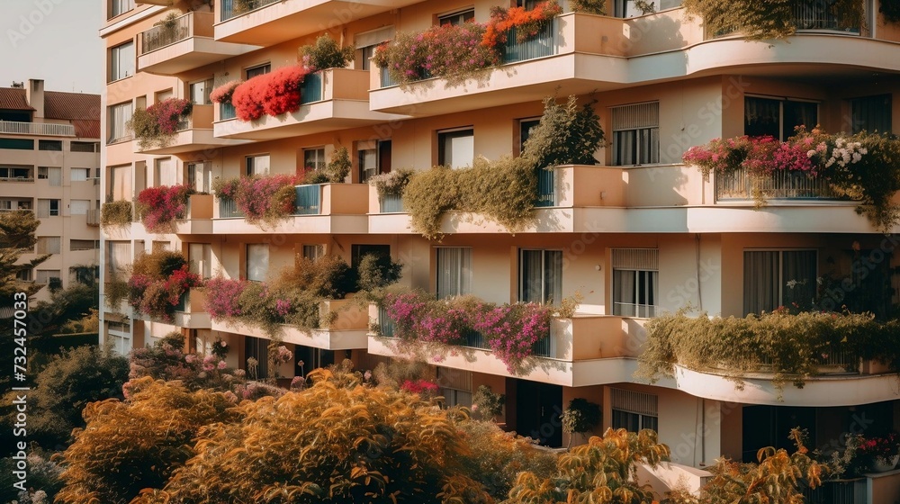 AI generated illustration of an exterior view of an apartment complex with several balconies