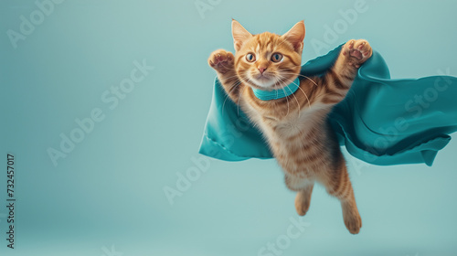 Superhero cat, Cute orange tabby kitty with a blue cloak jumping and flying on light blue background with copy space. The concept of a superhero, super cat, leader, funny animal studio shot.  © VISIONARTIST
