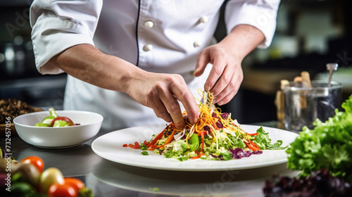 close-up of the chef's hand, decorating the finished dish, laying out a salad of fresh vegetables on a plate