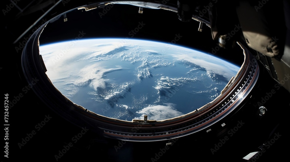 AI-generated illustration of the Earth visible through the window of the space station.