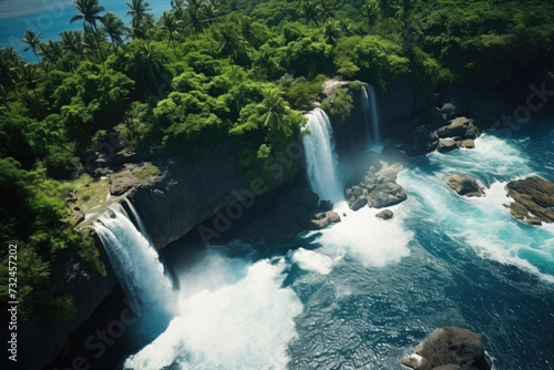 large waterfall  top view from a quadcopter  water flows into the river  in the background.palm trees and greenery