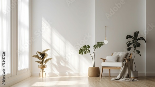 AI-generated illustration of a modern room with a wooden armchair and plants.