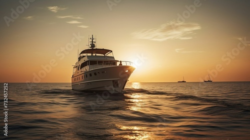 AI-generated illustration of a luxurious yacht floating on a tranquil sea at sunset.