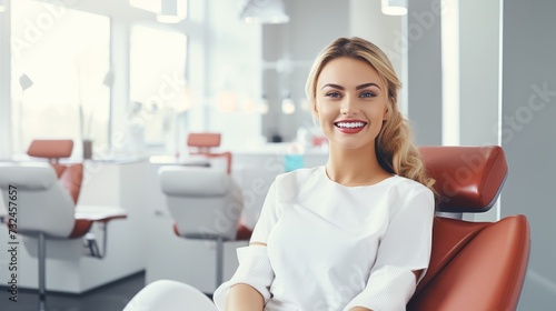 Portrait of a smiling woman sitting in the dentist's office. Laughing caucasian girl with perfect teeth waiting in a doctor's cabinet. Cheerful young female, going through dental treatment.