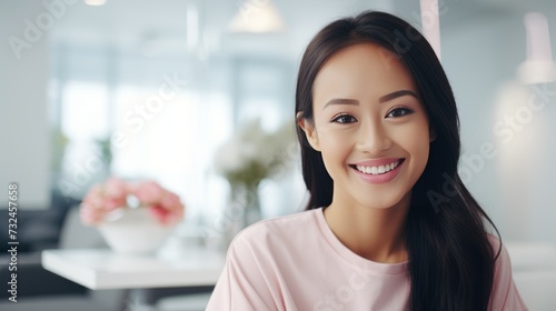 Beautiful smiling Asian woman sitting in a room. Portrait of a laughing Chinese girl with perfect teeth waiting in an office. Cheerful young Japanese female sitting in a chair, indoor closeup.