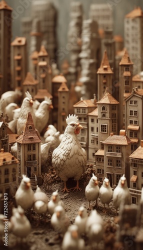 AI generated illustration of a flock of chickens stampeding a city