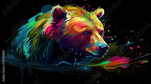 AI generated illustration of a cartoon bear with vibrant colors on a dark background © Wirestock