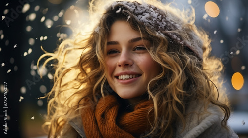 Outdoor close up portrait of young beautiful girl with long hair wearing hat, sweater posing in street of european city. Christmas, winter holidays concept. Snowfall. Copy, empty space for text