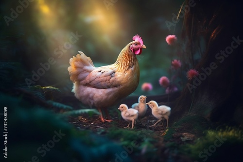 AI generated illustration of a mother hen in a grassy meadow beneath a tree with her adorable chicks photo