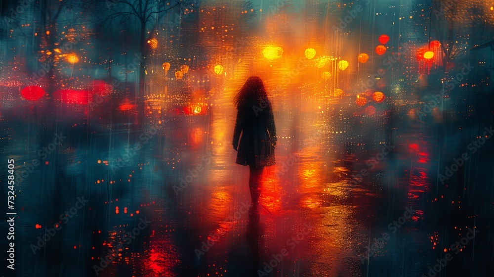 A girl on the street with blurry light from headlights, city shop windows and lanterns. Concept: bustling city life, life in a metropolis for women. Banner, copy space
