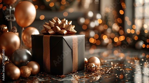 Golden Gift Box with Christmas Lights in the Background Generative AI © Mansi