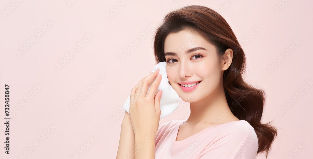 Radiant Young Woman Gently Cleansing Face with Cloth Radiant Young Woman Gently Cleansing Face with Cloth