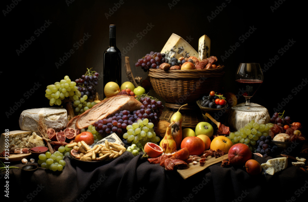 Elegant still life of assorted gourmet cheese, charcuterie, fruits, and wine