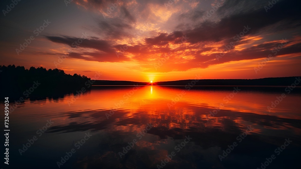 AI-generated illustration of a beautiful lake under a cloudy sky during the sunset