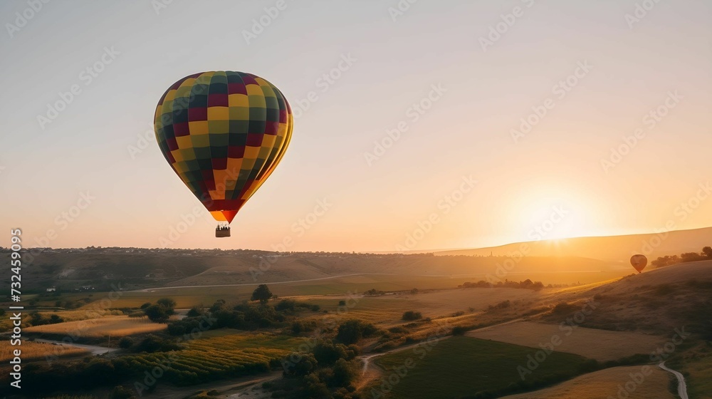 Naklejka premium AI generated illustration of a colorful hot air balloon in the air during the sunset