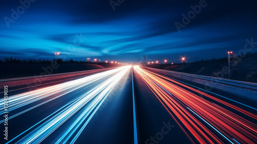 Long exposure of a busy highway at twilight with streaks of traffic lights