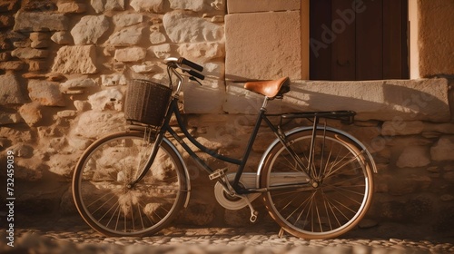 AI generated illustration of a vintage-style bicycle against a rustic stone wall outdoors