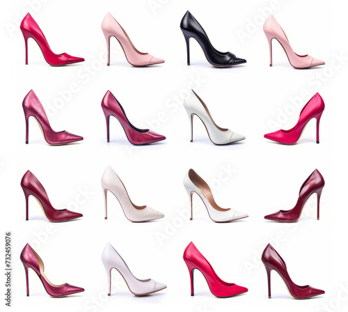 Elegant collection of high heels in various colors isolated on white background