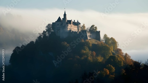 AI generated illustration of an aerial view of a majestic castle situated atop a hill