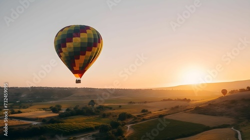 AI generated illustration of a colorful hot air balloon in the air during the sunset