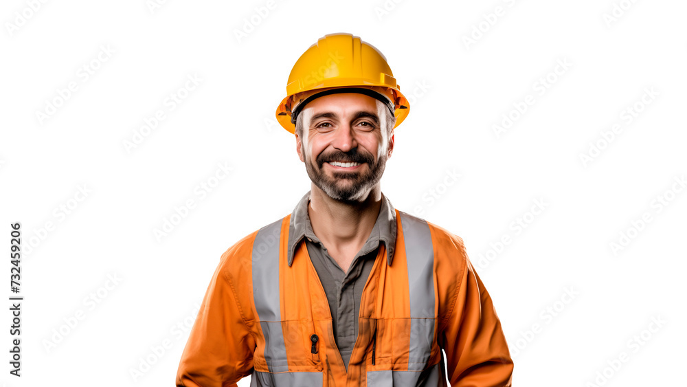 Happy builder cut out. Smiling builder man with orange helmet on transparent background Happy builder cut out. Smiling builder man with orange helmet on transparent background