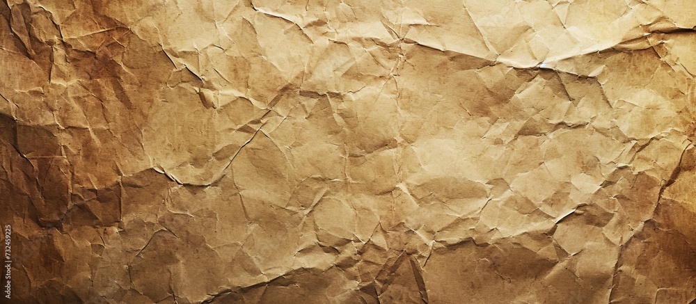 A close-up of a crumpled brown paper, resembling a pattern found in natural materials like beige bedrock or soil. - obrazy, fototapety, plakaty 