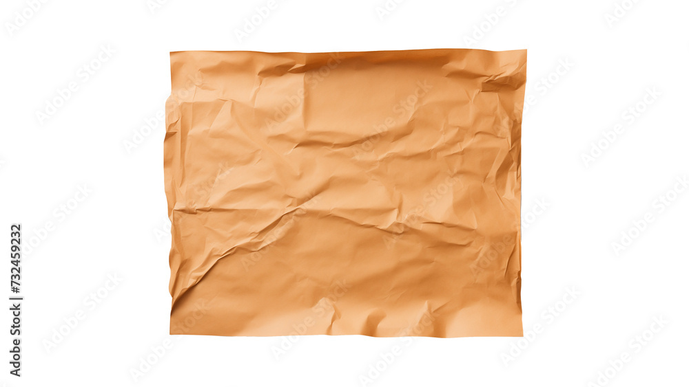 Piece of crumpled brown craft paper cut out. Craft crumpled paper on transparent background