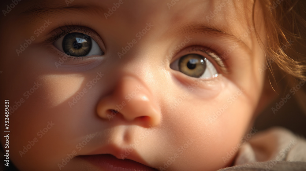 Close-up of a baby's face highlighting big brown eyes in sunlight Close-up of a baby's face highlighting big brown eyes in sunlight