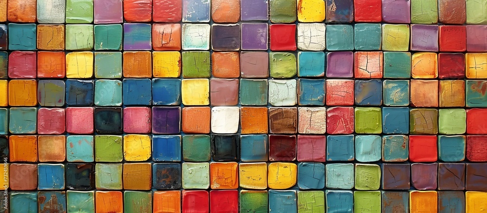 Close-up of colorful mosaic squares on wall. Close-up of colorful mosaic squares on wall.