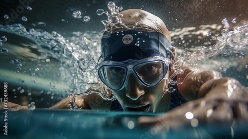 AI generated illustration of a swimmer wearing goggles and a head band captured in a mid-action pose